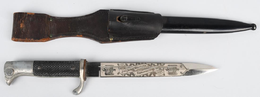 WWII NAZI GERMAN DRESS EICKHORN BAYONET ENGRAVED: Approximately 7.75" blade 12" overall, WWII German Dress Bayonet with nickeled blade. Scabbard and frog included. Made by Eickhorn. Blade is engraved on one side "Zur Erinnerung an meine Dienstzeit" (