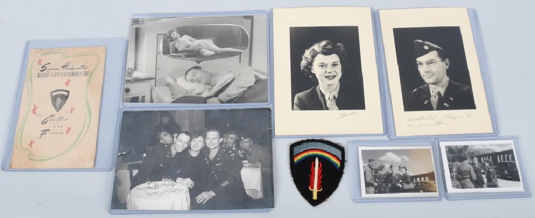 WWII US SHAEF PATCH & PHOTO GROUP USO LADY NAMED: Grouping of 6 photos, a Supreme Headquarters of Allied Expeditionary Forces Patch, and a SHAEF Christmas card. Photos depict US Army Major Jim Sands, of the 318th Signal Service Group, taken in Frankf