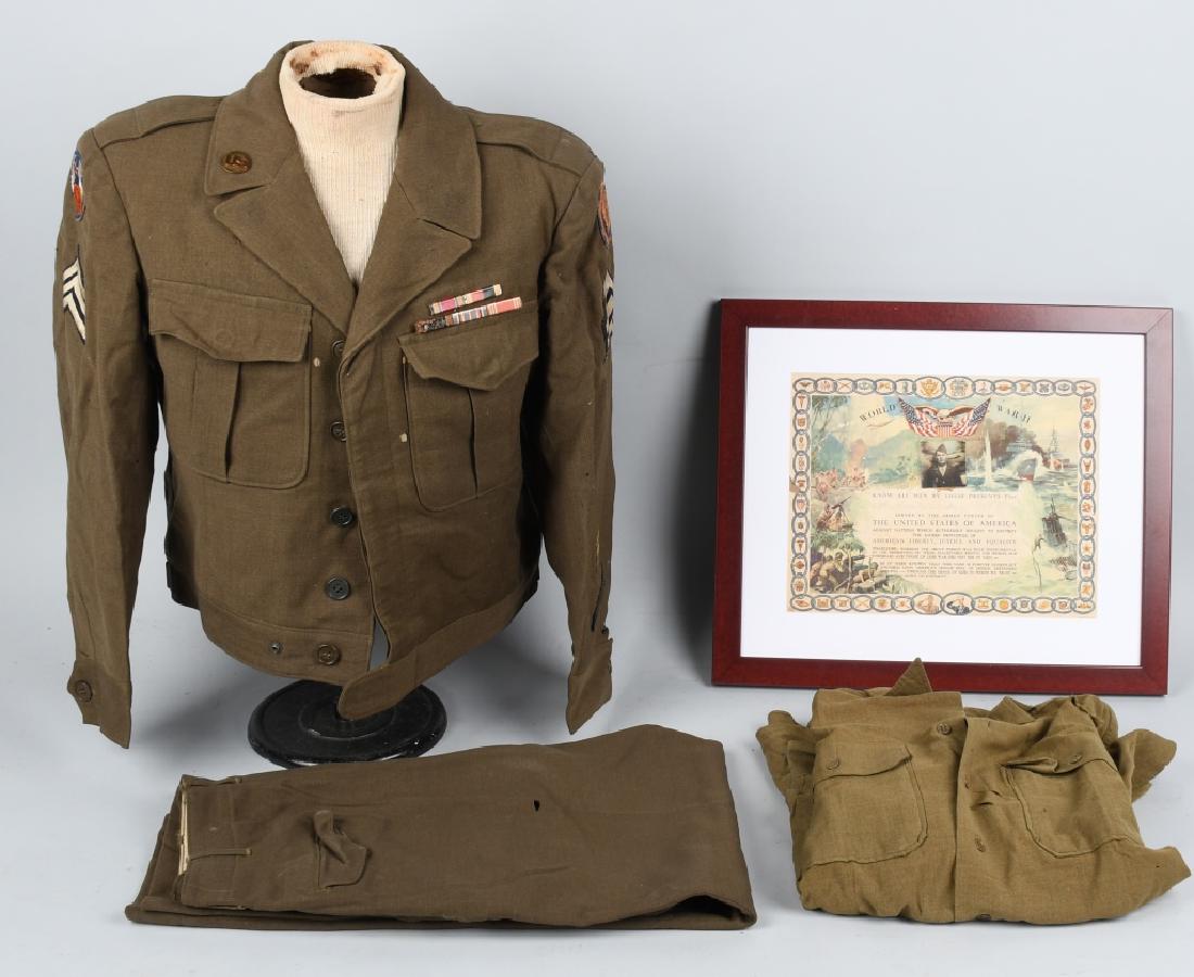WWII US 9TH & 15TH AIR FORCE NAMED UNIFORM PHOTO: WWII Ike jacket, with the names of 2 different airmen inside - HA Turner (the first owner of the Ike) and Grant Bradshek. Ike jacket has 15th and 9th Air Force patches, Sergeant stripes, 3 overseas ba