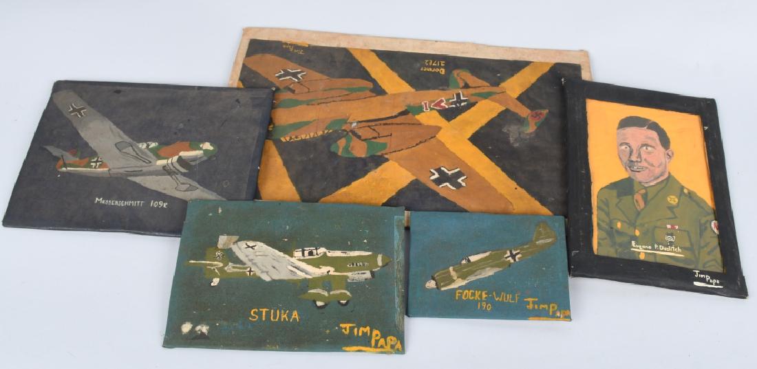 5 PAINTINGS WWII GERMAN PLANES AND AMERICAN KIA: Collection of 5 hand-painted pieces of original wartime artwork. Each one signed "Jim Papa" and mounted on cardboard, held together with cloth medical tape. Focke-Wulf 190, Stuka, Messerschmitt 109E, 