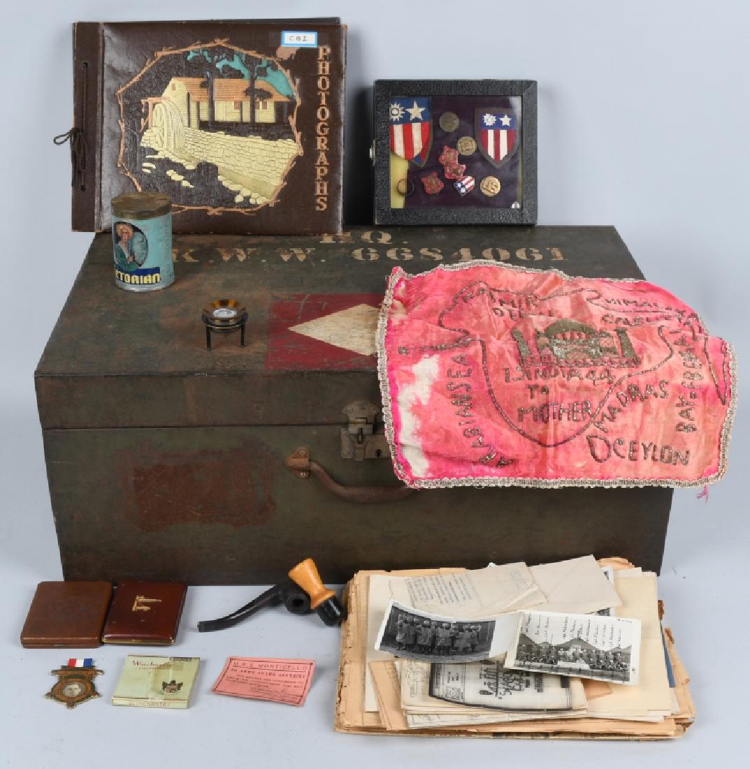 WWII U.S ARMY IDED CBI TRUNK GROUP 330TH ENGINEERS: CBI trunk group identified to Kenneth W. Wright of the 330th Engineers. All items were stored in a beautifully painted trunk with stenciling in white paint; " HQ. K. W. W. 6684061 ". Documents in the 