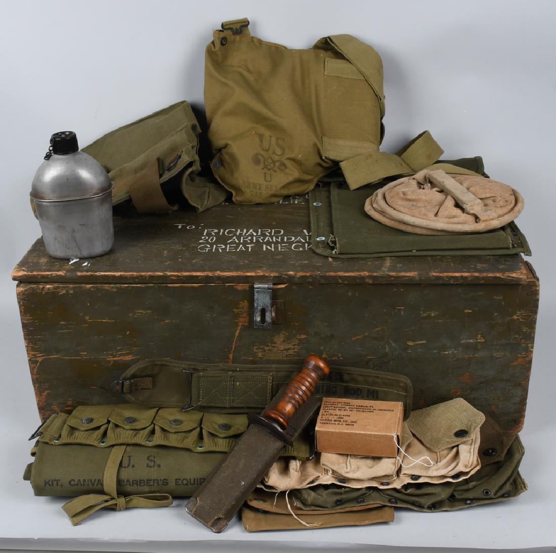 WWII US FOOTLOCKER OF FIELD GEAR WITH KNIFE ETC