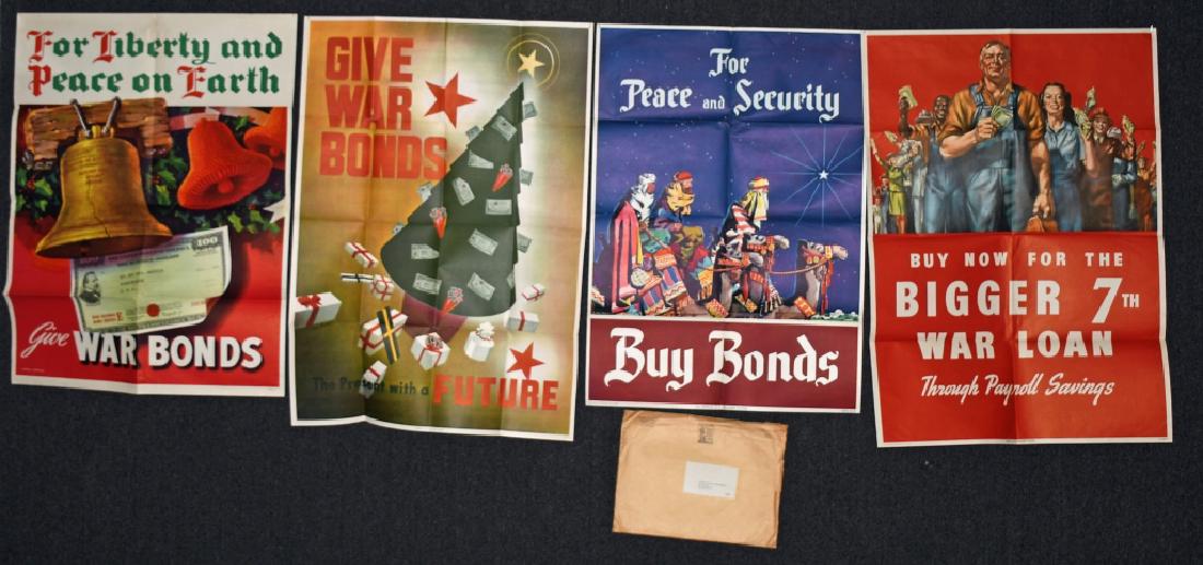 4- CHRISTMAS THEMED WWII WAR BOND POSTERS: Lot of 4 World War II posters, in the original shipping envelope from the US Treasury Department. 40" x 28" War Bond advertisement dated 1943 -- 40" x 28" 7th War Loan, Treasury Department print dated