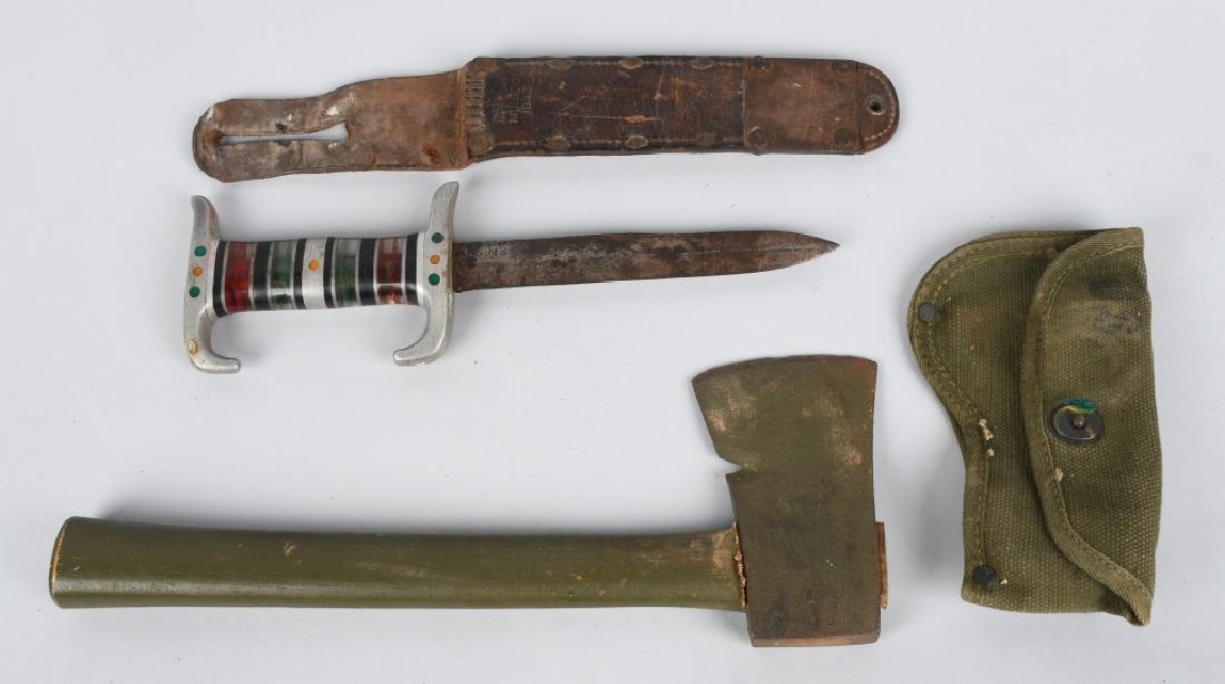WWII US M3 THEATER KNIFE & HATCHET: Pair of World War II blades, including a theater knife made on an original blade-marked Case M3 Fighting knife, dated 1943. Has stacked plexiglass in green and red and aluminum half-guard handle and c