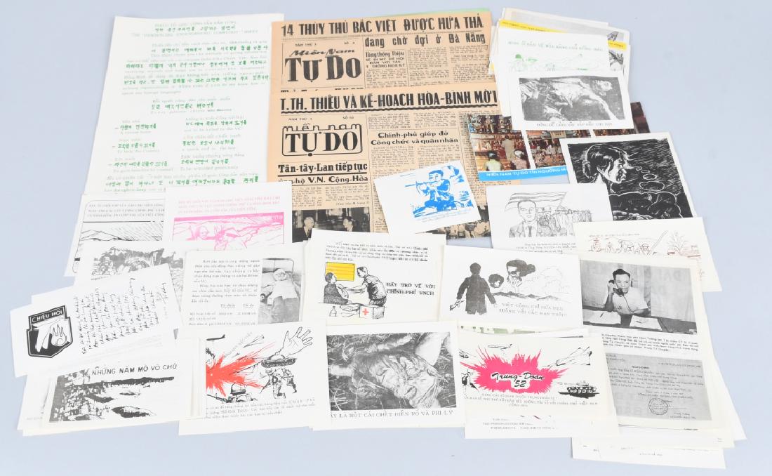 VIETNAM WAR U.S SOUTH VIETNAM PROPAGANDA PAMPHLETS: Group of approximately 80 air drop propaganda leaflets dropped by the United States and South Vietnam during the Vietnam War in order to demoralize the North Vietnamese. All of the pamphlets are in Vi