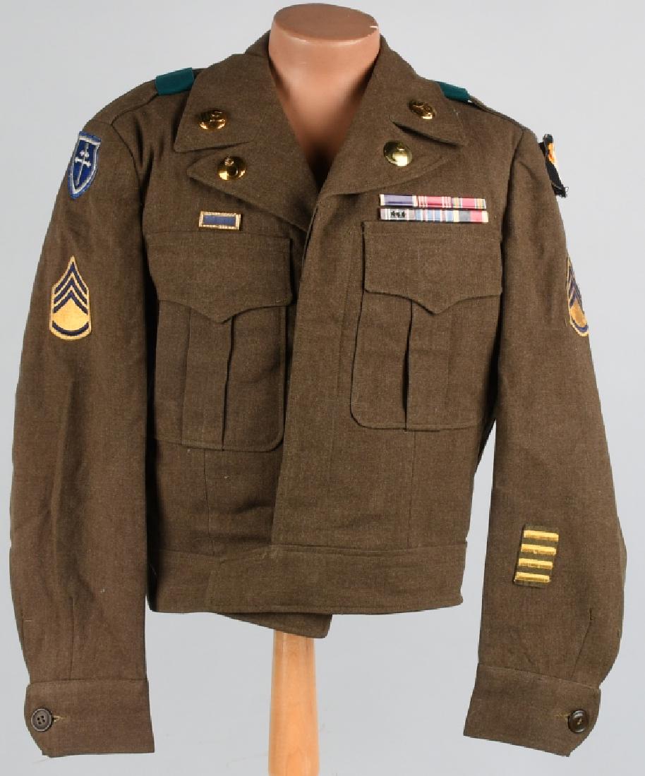 KOREAN WAR IKE JACKET, 101st AIRBORNE, 79TH DIV: 1949 dated Ike Jacket, size 34S. Has 79th Infantry Division right sleeve, 101st Airborne (patch partially removed) left sleeve. US & Ordnance enlisted brass (domed, Korean War style), small yellow & b