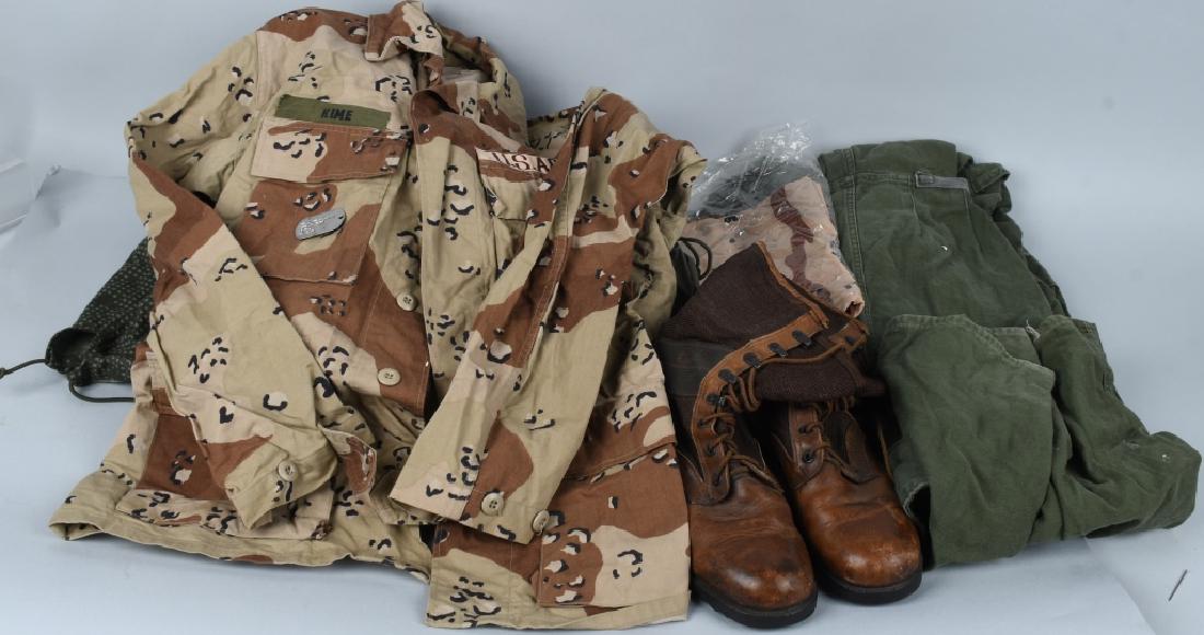 DESERT STORM US UNIFORM & EQUIPMENT GROUPING: Desert Storm era "Chocolate Chip" 6-color desert camouflage shirt, with theater-made Branch of Service tape and OD green unit patches (the Army deployed so swiftly in Desert Storm that they did not ha