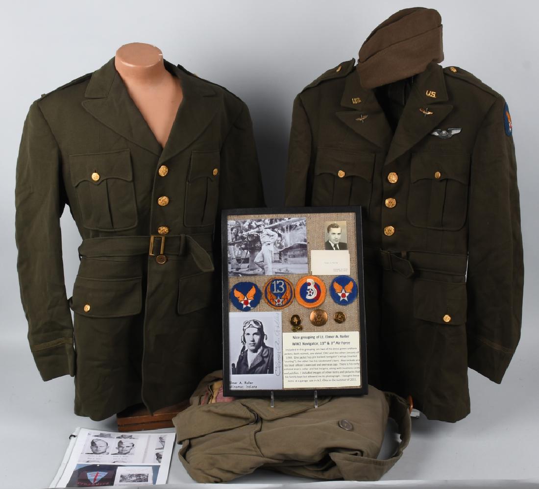 WWII US 13TH AIR FORCE NAVIGATOR GROUP NAMED: WWII US Army Air Forces grouping to a WWII Veteran Elmer A. Roller who served as a Navigator in the 13th and 3rd Air Forces. Included in this grouping are two of his dress green uniform jackets, both 