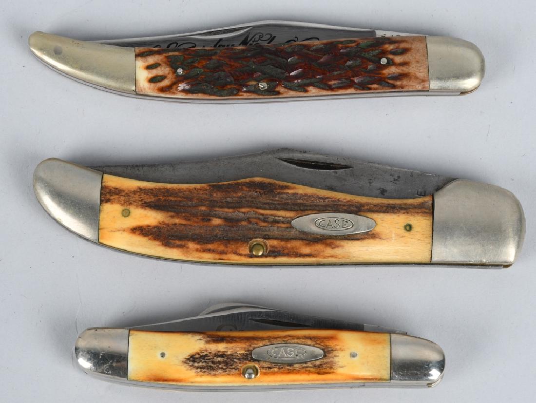 3 VINTAGE STAG HANDLE FOLDING KNIVES CASE