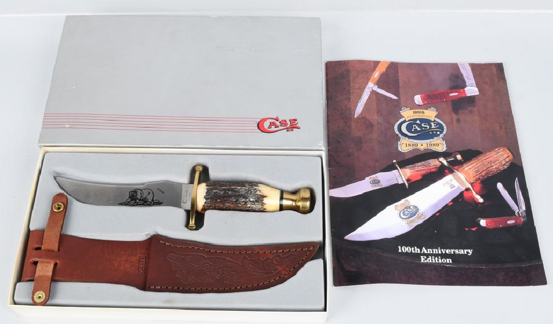 CASE XX KODIAK WITH SHEATH IN ORIGINAL BOX: 6" blade, 11" overall, Case XX Kodiak Alaska hunting knife, in the original box, with Case leather sheath. Box shows some age, paper over cardboard, dated 1988 with Safety tag and original sticker des
