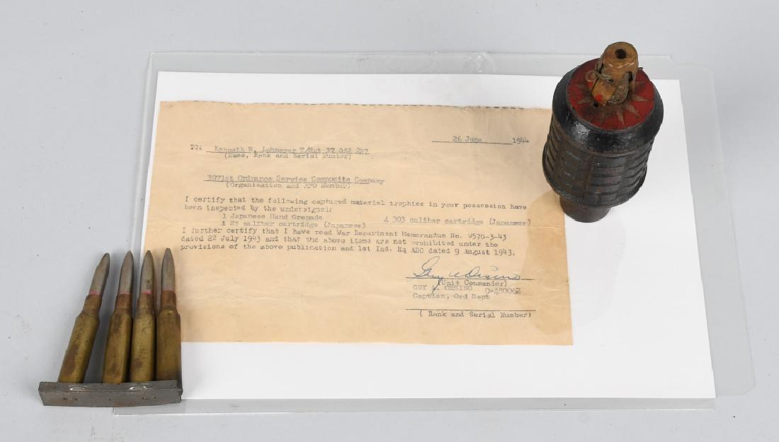 WWII JAPANESE GRENADE WITH BRINGBACK PAPER: WWII Japanese Type 91 Hand Grenade (this style was designed to be fired from the ''knee mortar" or hand thrown) -- Grenade is inert, and has had the fuse, charge, and powder removed! *INERT* Also incl