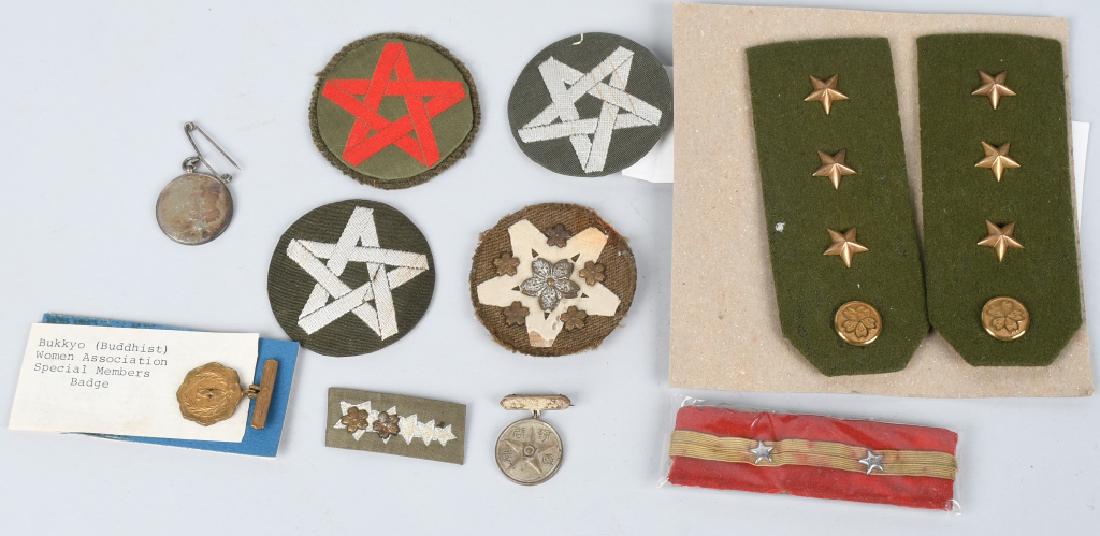 WWII JAPANESE LOT OF MEDALS, RANK INSIGNIA, PINS: 10 Piece Lot includes 4 five-pointed star patches, one of which has metal Chrysanthemum devices attached to it via prongs, three Bukkyo Buddhist Women Association Special Member organization medals, J