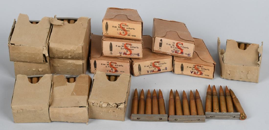 190 RDS MISC MAUSER AMMO NAZI PROOFED & ARGENTINE: 190 Rounds of Mauser ammunition. 60 rounds of WWII Nazi German 8mm Mauser still in original boxes, with Waffenamt marks on the box, and head stamped 1938 with Nazi eagle. 116 Rounds of Argentine IMPA 