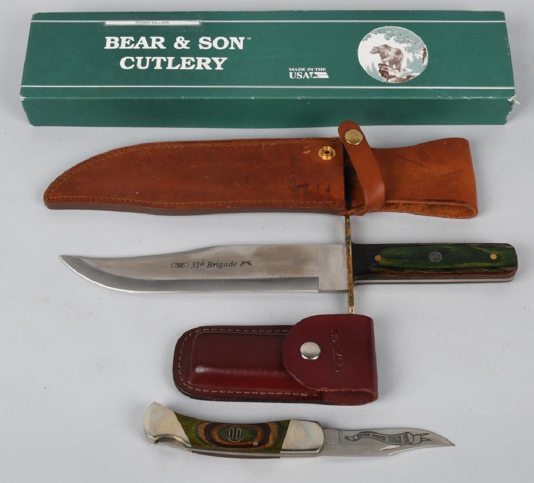 PAIR OF CUSTOM MILITARY ENGRAVED BEAR MGC KNIVES: 3 3/4" folding blade knife with "31st Separate Armored Brigade" on scroll, marked "BEAR MGC USA" and has custom 31st Infantry Division insignia on the grips, comes with leather factory sheath. Near mi