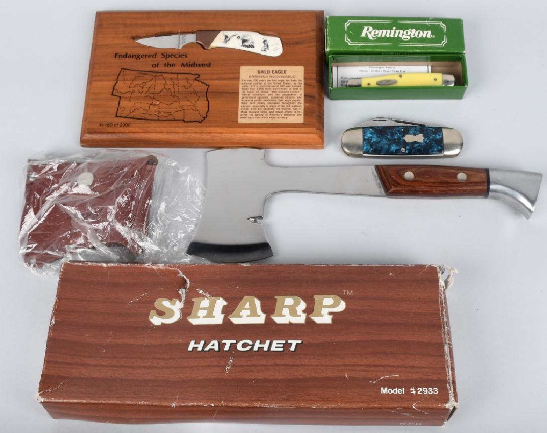 4 COLLECTIBLE KNIVES, REMINGTON, PRIMBLE, KERSHAW: Lot includes John Primble folder two-blade 5312, with 3" and 2.75" blades, Remington RY-1 with shotgun tool and 3" blade, in the original Remington box, SHARP hatchet with sheath, in the original box,