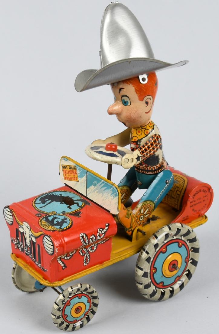 UNIQUE ART Tin Windup RODEO JOE CAR: All original and complete. Works. 7" Excellent