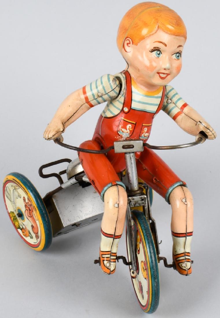 UNIQUE ART Tin Windup KIDDY CYCLIST: All original and complete. Great colors. Works. 8 1/2" Excellent