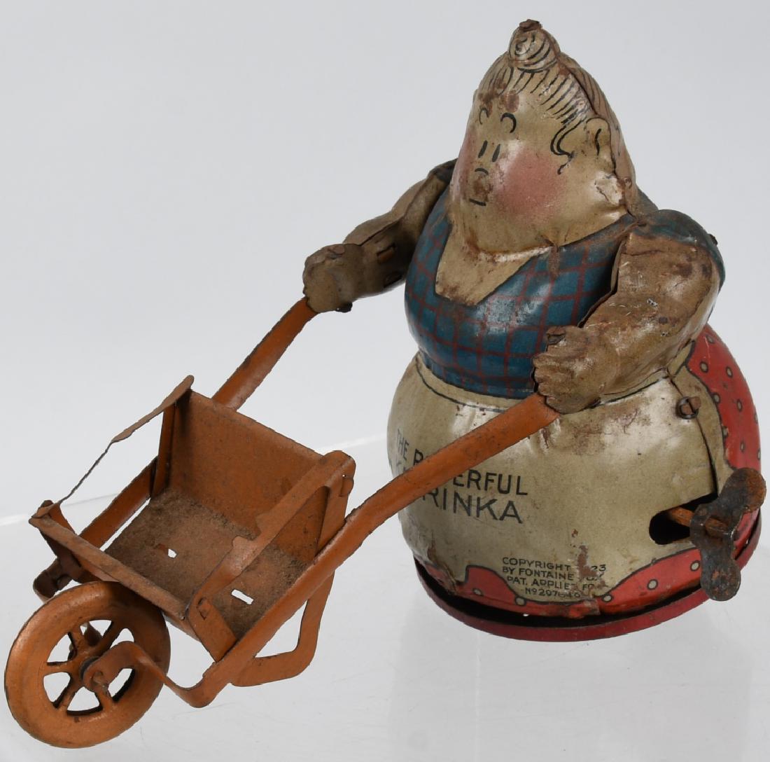 GERMAN Tin Windup POWERFUL KATRINKA: Very early comic character toy. All original version with wheelbarrow. Missing the Jimmy figure. Not working. 7" Very Good
