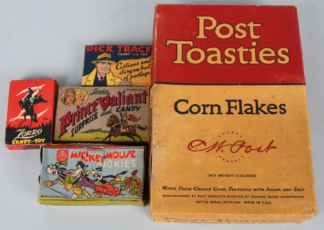 5- COMIC CHARACTER CANDY, COOKIE, & MORE BOXES: Includes 1937 Mickey Mouse Cookie Box, 1954 Price Valiant Candy Box, Zorro Candy Box, Dick Tracy Candy Box, and 1939 Post Toasties Mickey Mouse and Pinocchio Box. All Excellent