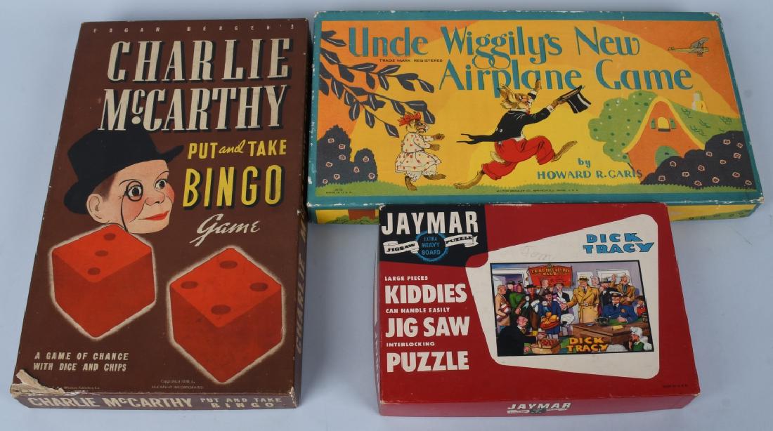 UNCLE WIGGLY, CHARLIE McCARTHY, & MORE GAMES: Includes Uncle Wiggly Airplane Game, Charlie McCarthy Bingo, and Dick Tracy Puzzles. All look mostly complete with colorful boxes. Excellent