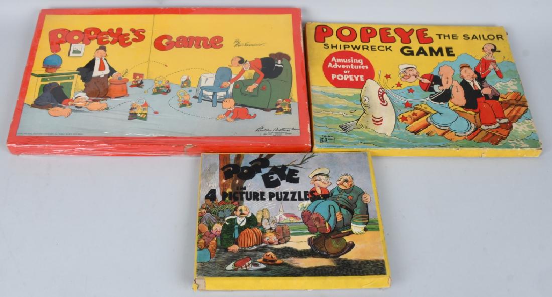 3- 1930-40s POPEYE GAMES & PUZZLES: Includes Popeye Picture Puzzles, Popeye Shipwreck Game, and Popeye's Game. All look to be mostly complete with colorful boxes. Largest 18" Excellent