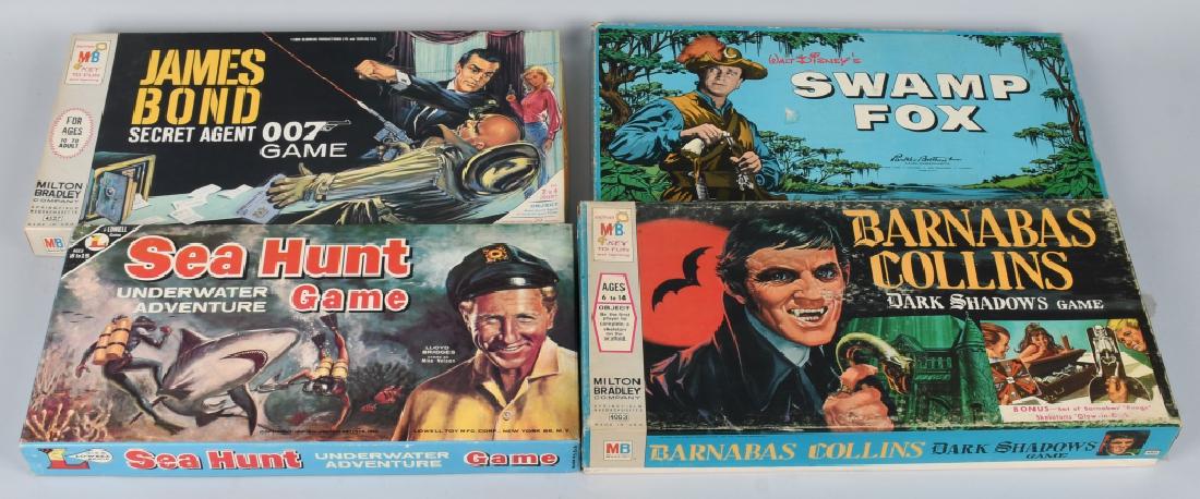 JAMES BOND, SEA HUNT, & MORE GAMES: Includes Swamp Fox, James Bond Secret Agent 007 Game, Barnabas Collins Dark Shadows Game, and Sea Hunt Game. All look mostly complete with colorful boxes. Largest 19" Excellent