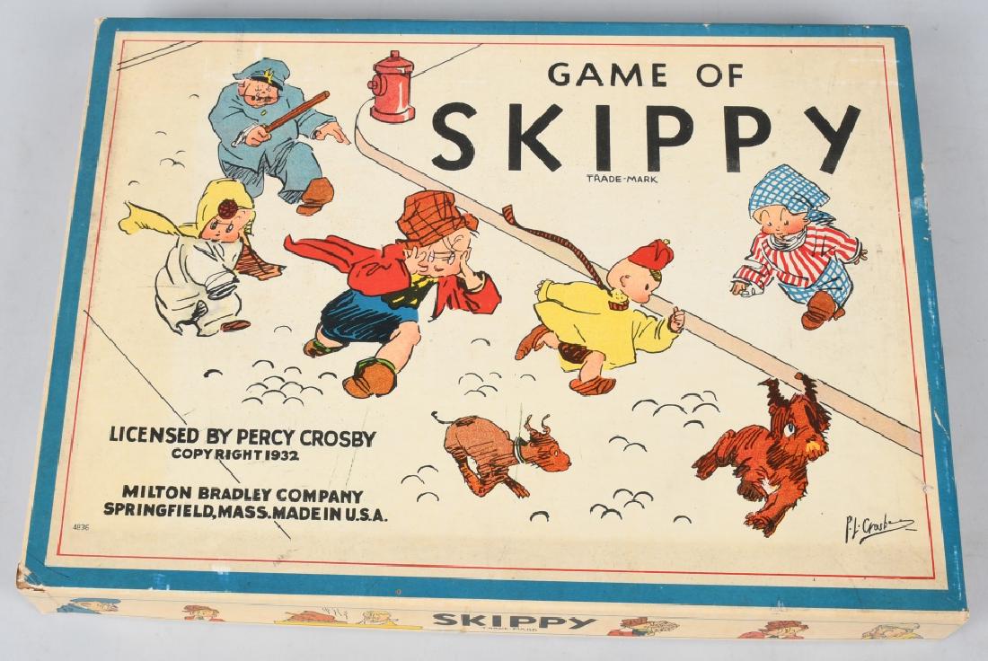 1932 MILTON BRADLEY GAME OF SKIPPY: Scarce game. All original and looks to be mostly complete. With colorful box. 14 1/2" Excellent