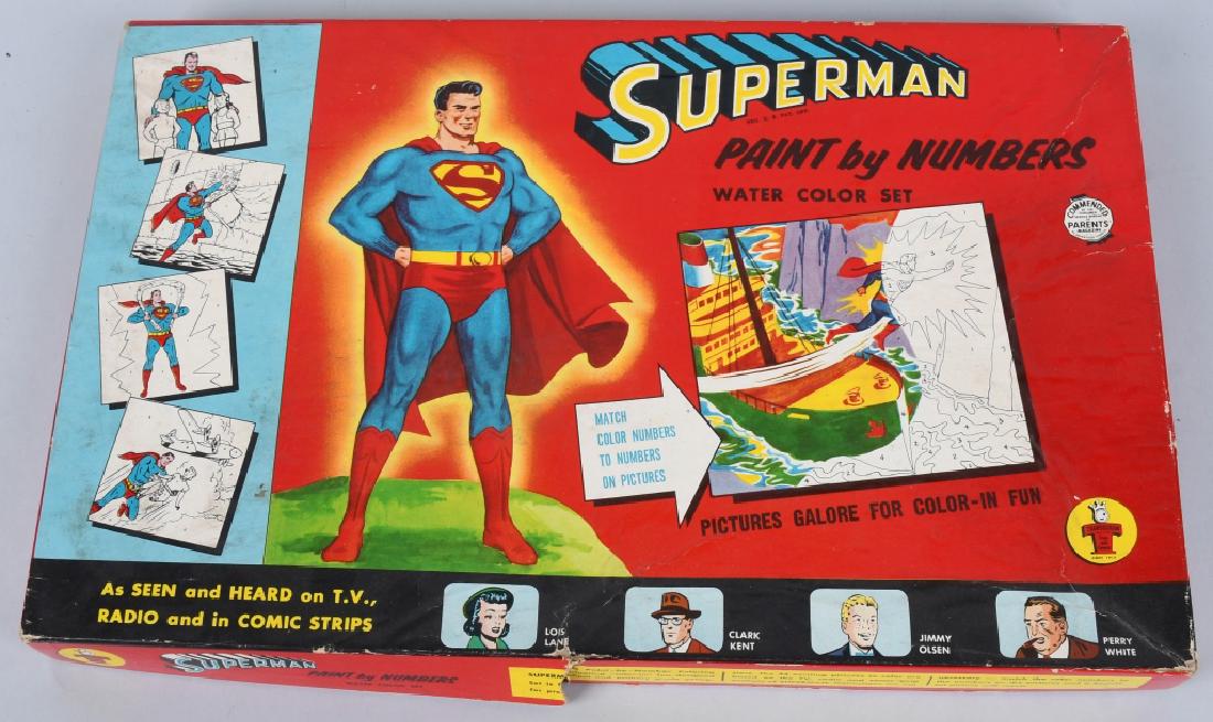 TRANSOGRAM SUPERMAN PAINT BY NUMBERS: Early Super Hero paint set. Looks mostly complete with some use. Box has great colors and graphics. 17" Very Good