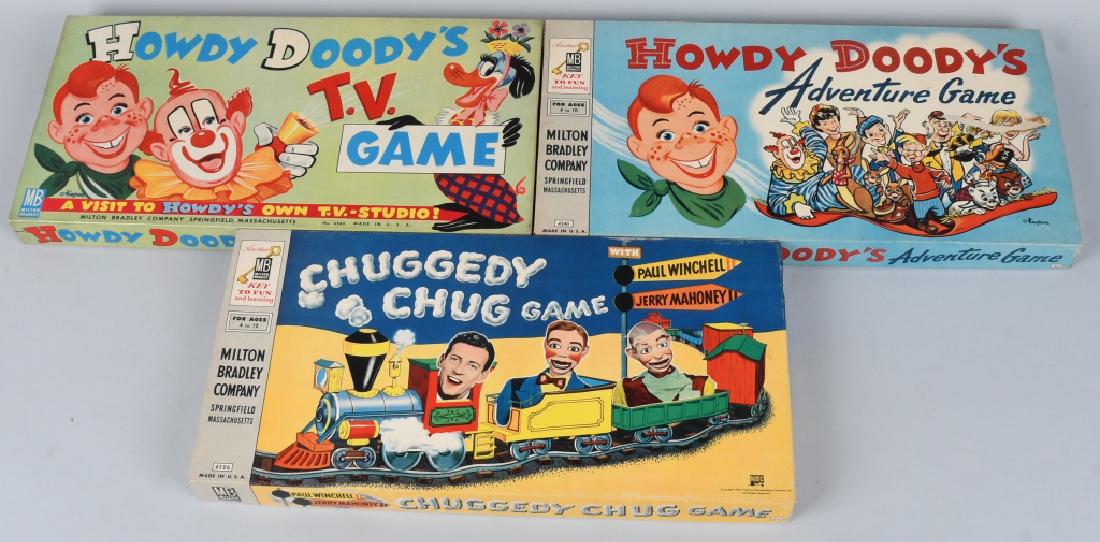 HOWDY DOODY & JERRY MAHONEY GAMES: Includes Howdy Doody TV Game, Howdy Doody Adventure Game, and Paul Winchell and Jerry Mahmoney Chuggedy Chug Game. All look mostly complete with colorful boxes. Largest 19" Excellent