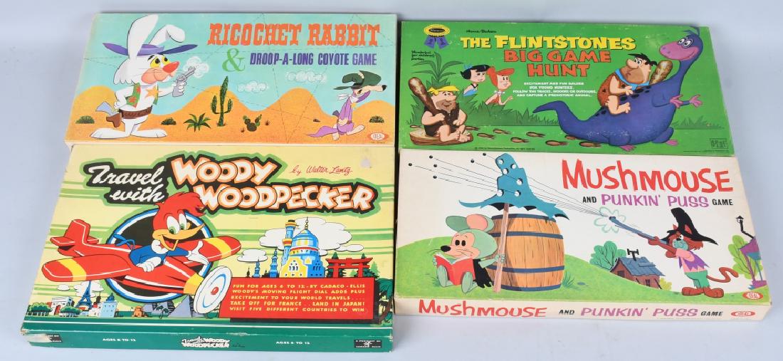 FLINTSTONES, RICOCHET RABBIT, & MORE GAMES: Includes Ricochet Rabbit Droop-A-Long Coyote Game, The Flintstones Big Game Hunt, Travel with Woody Woodpecker Game, and Muchmouse and Punkin Puss Game. All look mostly complete with colorful boxes. L
