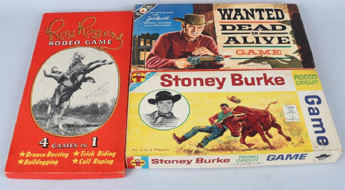 STONEY BURKE, WANTED DEAD OR ALIVE & MORE GAMES: Includes Stoney Burke Rodeo Game, Wanted Dead or Alive Game, and Roy Rogers Rodeo Game. All look mostly complete with colorful boxes. Largest 19" Excellent