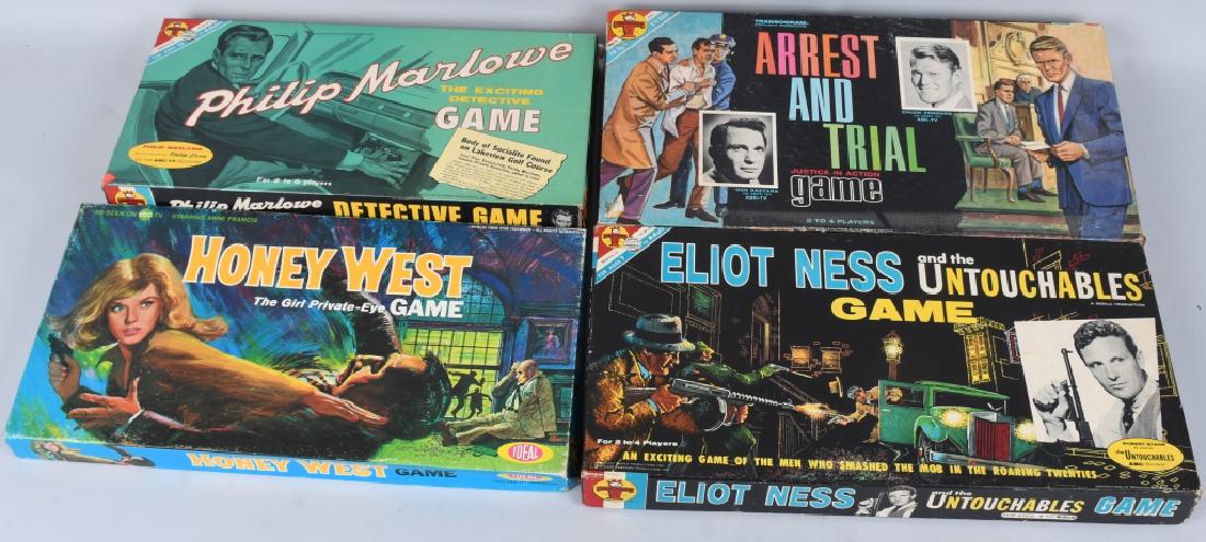 ELLIOT NESS, HONEY WEST, & MORE GAMES: Includes Philip Marlowe Detective Game, Honey West Game, Arrest and Trial Game, and Elliot Ness Untouchables Game. All look mostly complete with colorful boxes. Largest 19 1/2" Excellent