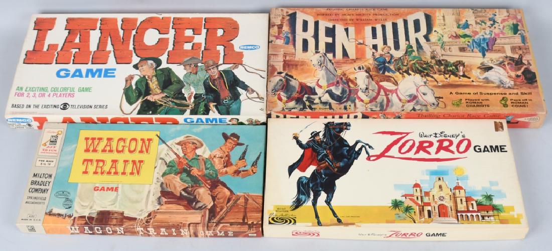 ZORRO, BEN-HUR, LANCER, & MORE BOARD GAMES: Includes Zorro Game, Ben-Hur Game, Wagon Train Game, and Lancer Game. All look mostly complete with colorful boxes. 19 1/2" Excellent