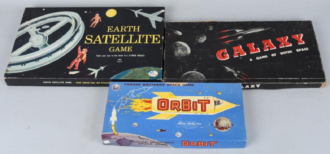 GALAXY, ORBIT, & EARTH SATELLITE GAME: Includes Orbit Space Game, Galaxy Game of Outer Space, and Earth Satellite Game. All look mostly complete with colorful boxes. Largest 20" Excellent