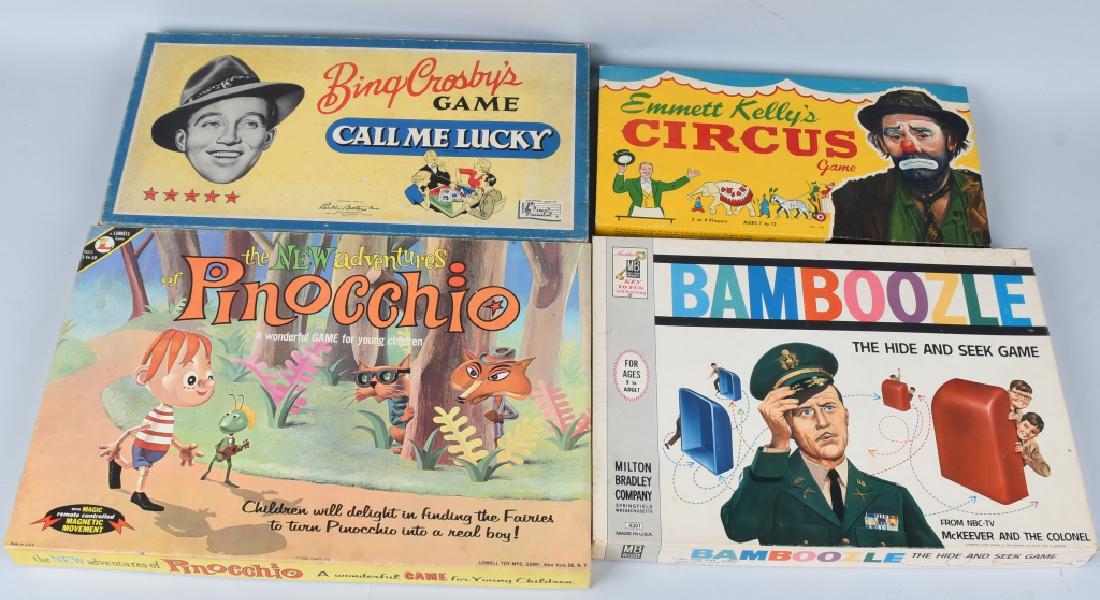 BING CROSBY, EMMETT KELLY, PINOCCHIO & MORE GAMES: Includes Emmett Kelly's Circus Game, Bing Crosby Call Me Lucky Game, Bamboozle Hide and Seek Game, and The New Adventures of Pinocchio Game. All look mostly complete with colorful boxes. Largest 20 1/