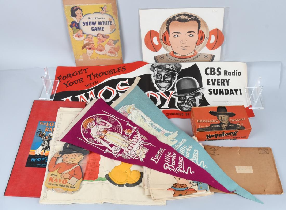 LOT OF VINTAGE TOYS & MORE: Includes Lone Ranger game Board, Hopalog Cassidy Chocolate Box, Amos & Andy Radio Show Poster, 1929 Popeye cloth Cut Outs, Space Man Mask, Kayo Drink cardboard Topper, Tom, Mix Premium in envelope, an