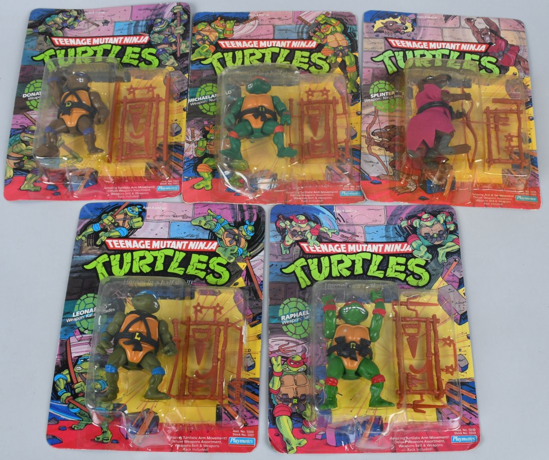 5- 1988 TEENAGE MUTANT NINJA TURTLES Full Set MOC: 1988 Teenage Mutant Ninja Turtles. Full set! New Old Stock sealed on cards never punched. Includes Donatello, Michelangelo, Leonardo, Raphael, and Splinter. Near Mint