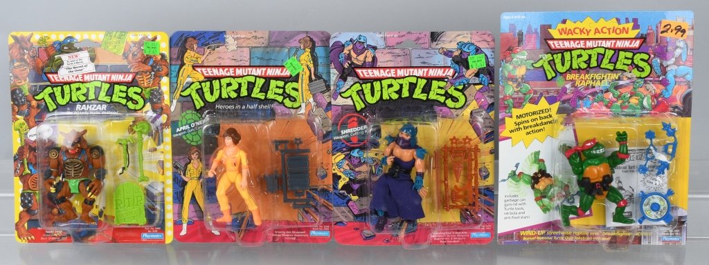 4- TEENAGE MUTANT NINJA TURTLE ACTION FIGURES MOC: New Old Stock TMNT Action Figures include Rahzar, Shredder, April O'Neil, and Breakfightin Raphael. All mint on cards