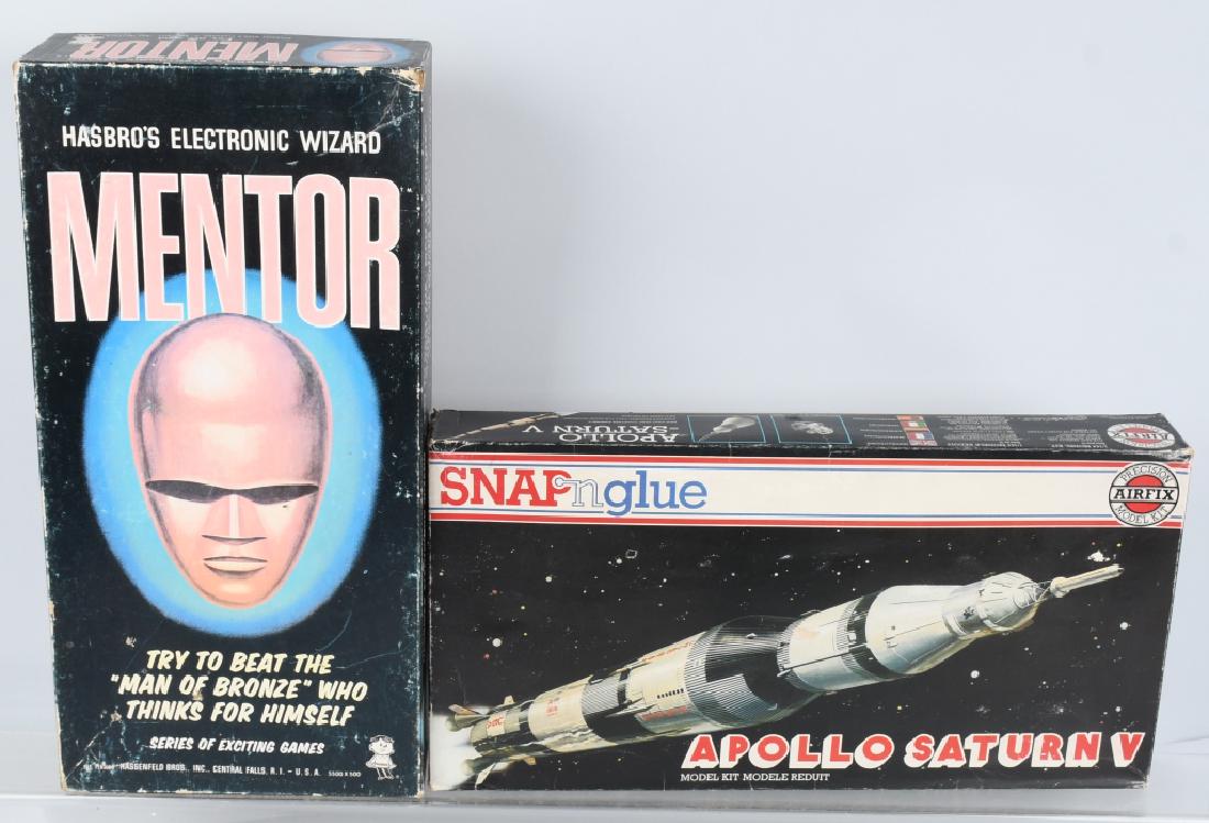 APOLLO SATURN V ROCKET MODEL KIT and MORE: Nice Airfix model kit, unbuilt in the original box. Measures 19 1/2" by 10". Also included is Hasbro's Electronic Wizard Mentor with the original box. It is untested and box measures about 20" by 10".