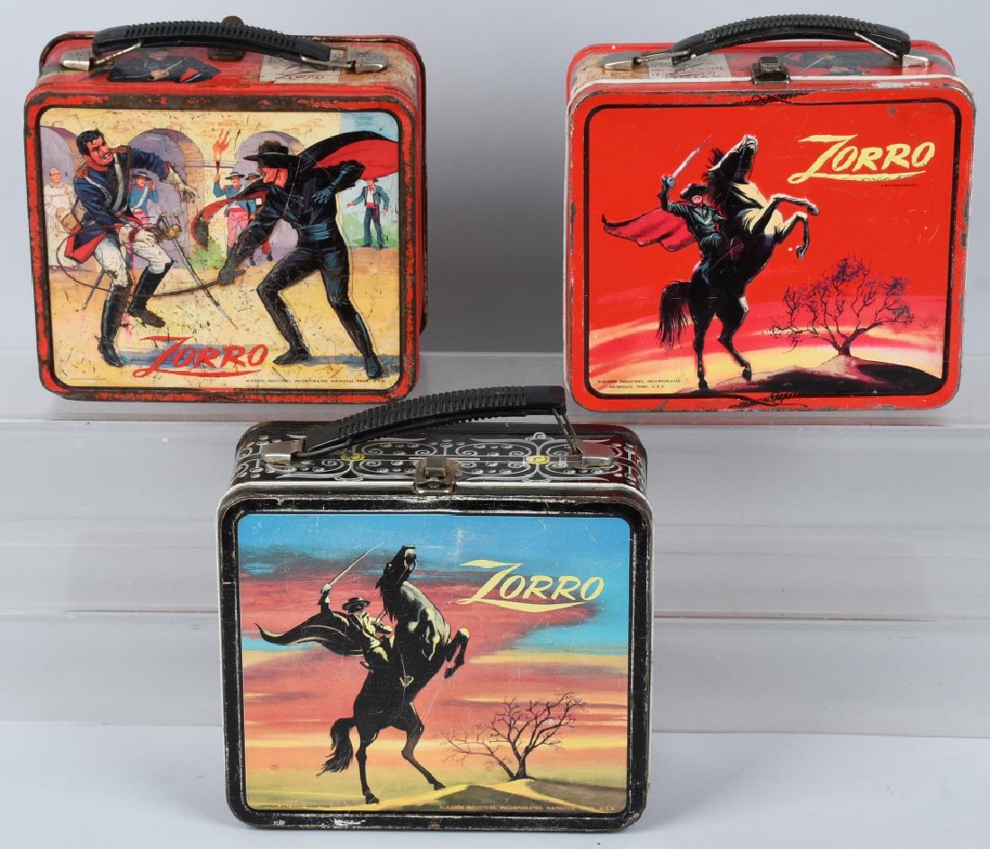 3 VINTAGE ZORRO LUNCH BOXES: 3 vintage Zorro lunch boxes. No thermos. Good-Very Good