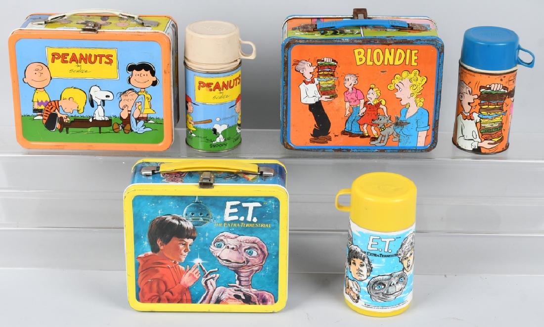 3 VINTAGE LUNCH BOXES PEANUTS E.T. BLONDIE: 3 vintage lunch boxes including Blondie with thermos, E.T. with thermos and Peanuts with thermos. Good-Very Good
