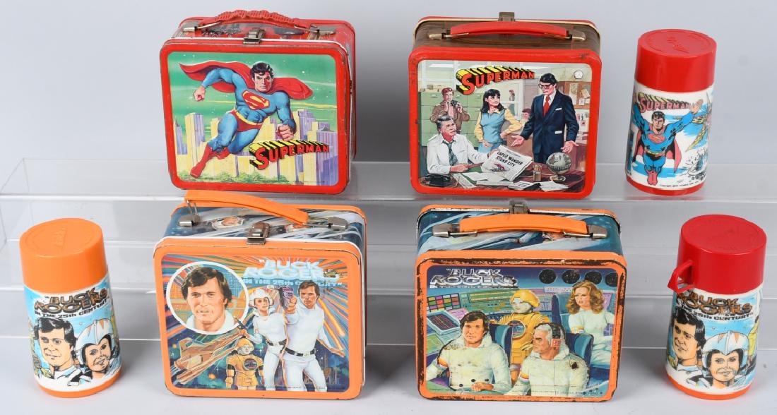 4 VINTAGE LUNCH BOXES SUPERMAN BUCK ROGERS: 4 vintage lunch boxes including 2 Superman, one with thermos, and 2 Buck Rogers both with thermos. Good-Very Good