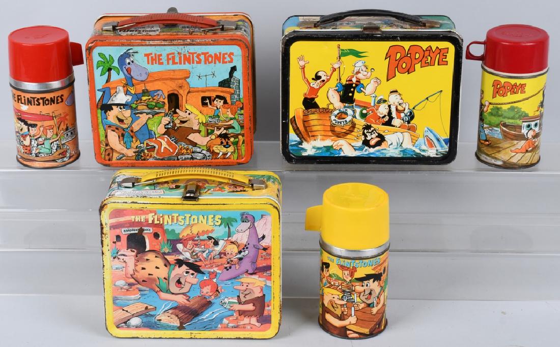 3 VINTAGE LUNCH BOXES POPEYE FLINTSTONES: Lot includes 2 Flinstones lunch boxes but have thermos, along with a 1964 Popeye with thermos. Good-Very Good