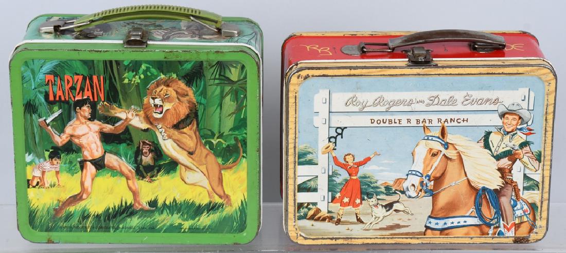 2 VINTAGE LUNCH BOXES TARZAN ROY ROGERS: Lot includes 1966 Trazan, no thermos, along with 1955 Roy Rogers and Dale Evans Double R Bar Ranch (red band) lunch box no thermos. Very Good