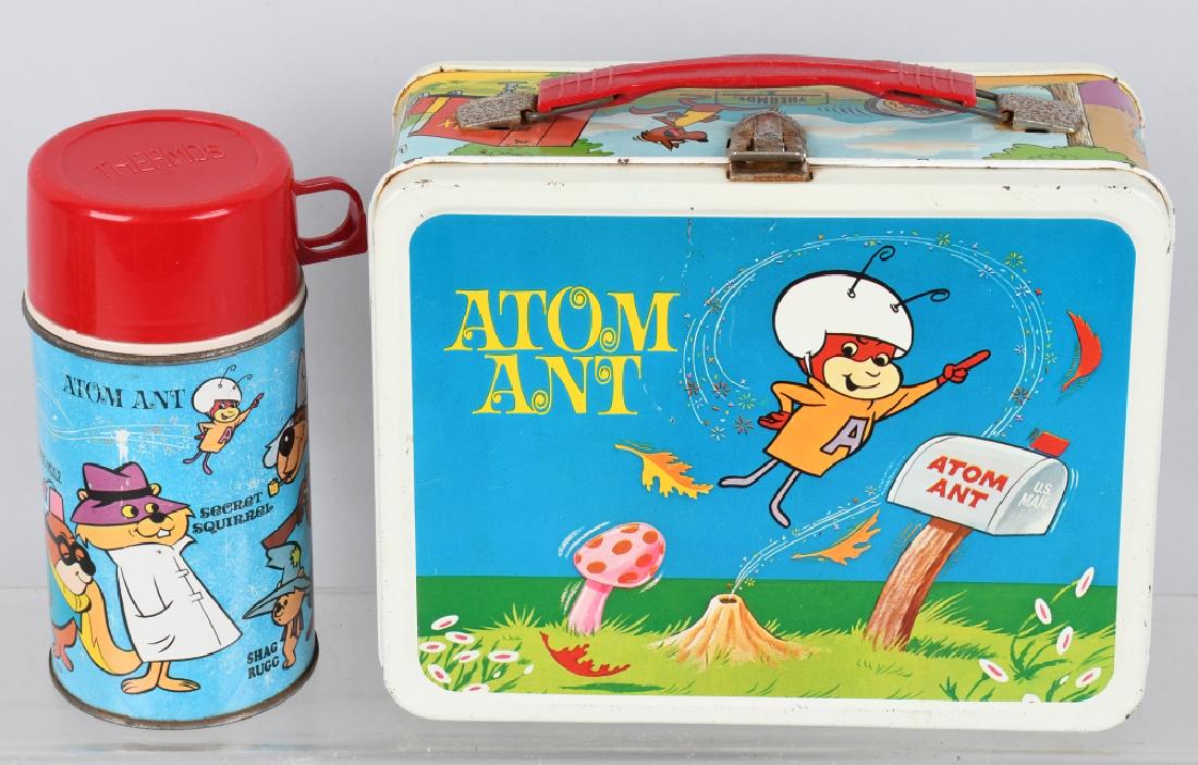 1966 SECRET SQUIRREL ATOM ANT LUNCH BOX w/ THERMOS: Original 1966 Hanna Barbera lunch box with thermos. There is light corrosion on latch and handle clips. Colors are bright. Very Good-Excellent
