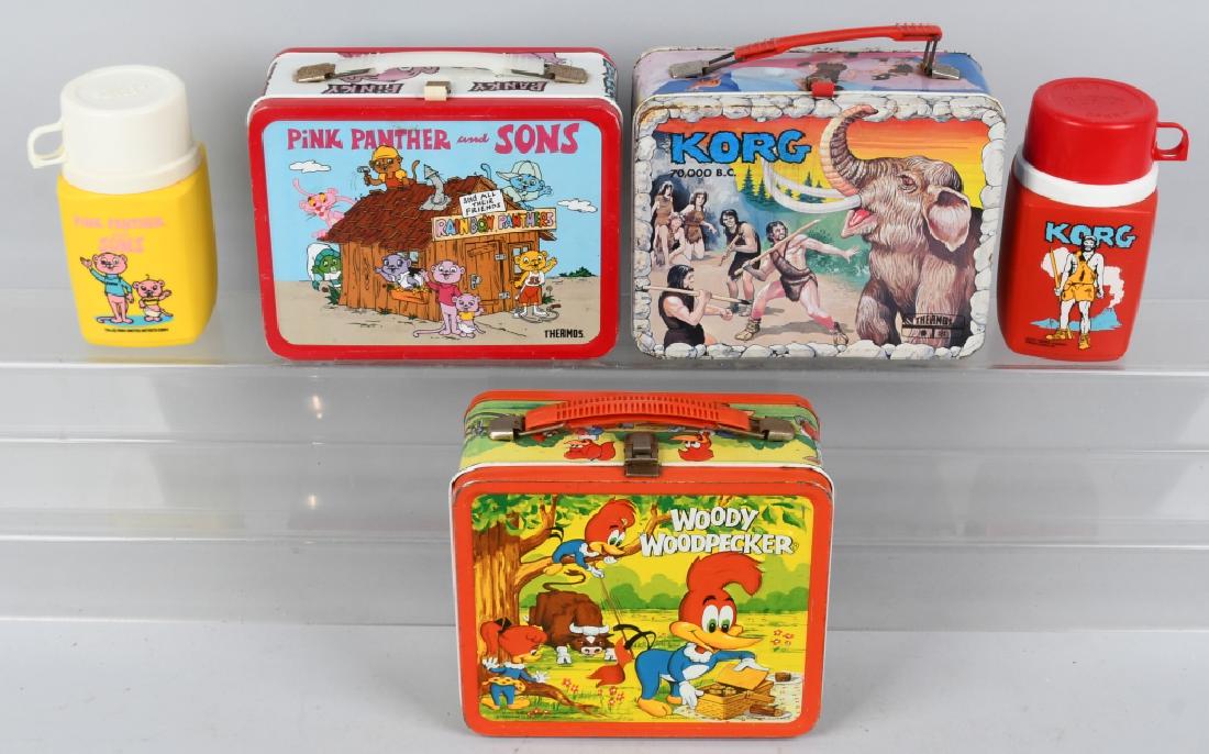 3 VINTAGE LUNCH BOXES WOODY WOODPECKER: Lot includes 1972 Woody Woodpecker, no thermos, a 1975 Korg with thermos, and a 1984 Pick Panther and Sons with thermos. Condition varies. Good-Excellent