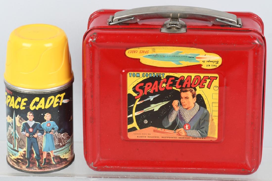 TOM CORBETT SPACE CADET LUNCH BOX w/ THERMOS: 1950's lunch box with nice decal and original thermos. Has light wear. Very Good-Excellent
