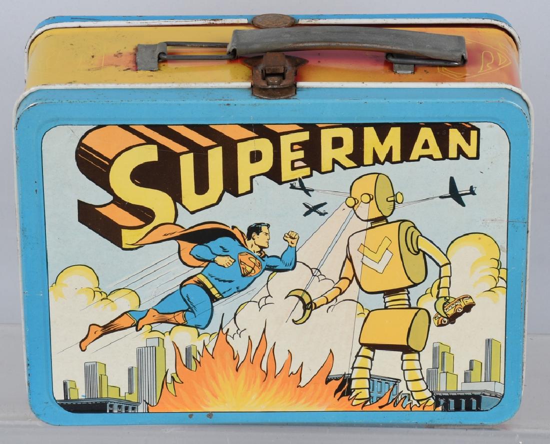 1954 SUPERMAN and ROBOT LUNCH BOX: Scarce original 1954 Superman fighting the Robot lunch box. Nice graphics. Some fading to colors, and some paint loss to reverse of box. Displays well. No thermos. A nice example of a hard to find lun