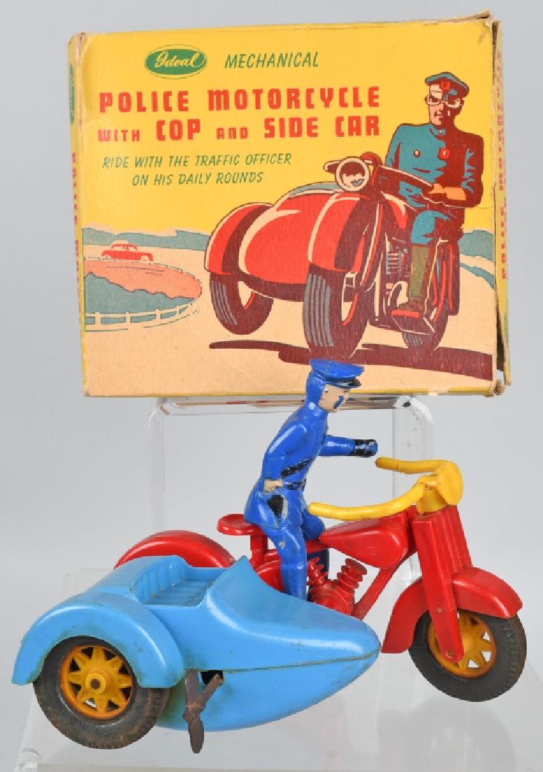 IDEAL Windup POLICE MOTORCYCLE & SIDECAR w/BOX: All original and complete with Policeman figure. Windup works. With Box. 6 1/2" Excellent