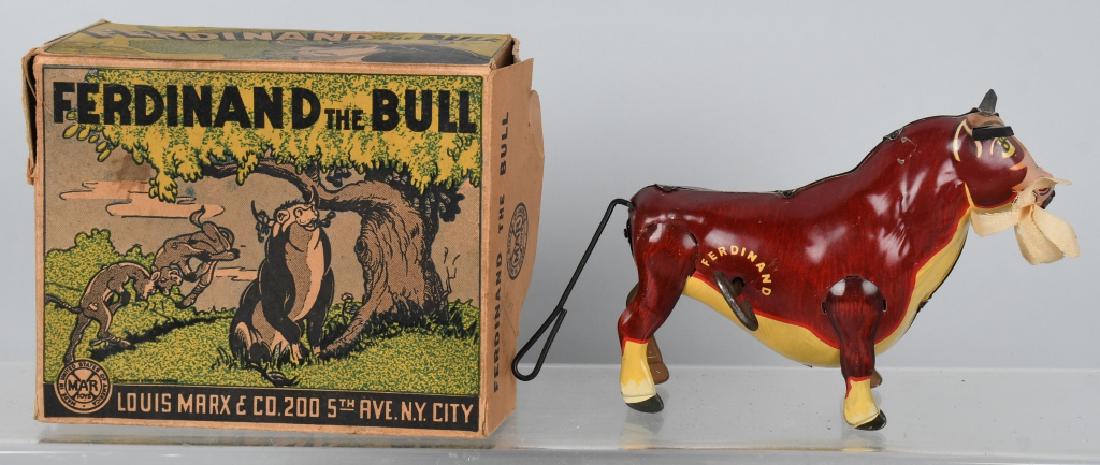 MARX Tin Windup FERDINAND THE BULL w/ BOX: Very nice all original and complete Ferdinand. Complete with Horns, Flower, and Bumble Bee. Windup works. Comes with very nice Box. 6" Excellent